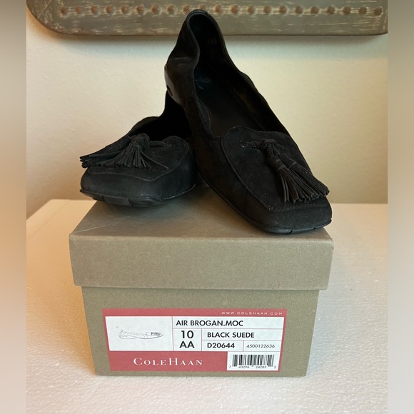 Cole Haan Black Suede Loafers Flats Tassels on Square Toe Air Brogan Size 10 AA - Picture 10 of 11